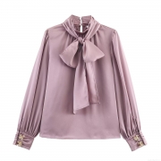 Elegant Satin Long Sleeve Blouse Women Bow Tie Pullover Shirt Solid Mauve Silk Texture Top With Decorative Gold Petal Buttons For Office Commute Party