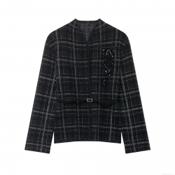 Elegant Women's Plaid Knitted Blazer Jacket With Belt Sequin Floral Embroidery V-Neck Long Sleeve Commuter Outerwear Cardigan No Button
