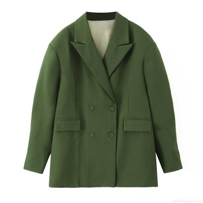 Women's Elegant Loose Double Breasted Blazer Notched Lapel Solid Green Long Sleeve Formal Office Suit Jacket Casual Stylish Outerwear
