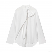 Women's Elegant White Poplin Blouse Oversized Bow Tie Long Sleeve Shirt Fashion Casual Office Wear Sweet Style Top Lady Clothing