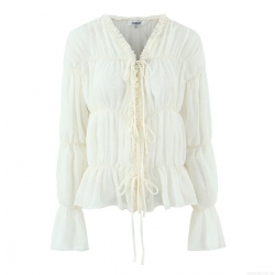 Women's Elegant Chiffon Blouse Ruffle Pleated Tie Front Long Sleeve Polyester Shirt Sweet Casual Solid Color Tops For Ladies