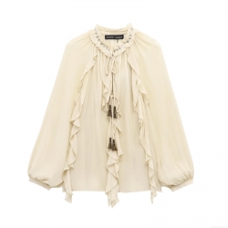 Elegant Women's Ruffled Chiffon Blouse Long Sleeve Retro Solid Color Shirt With Tassel Drawstring And Metallic Rivets Romantic Style Fashion Tops For Women