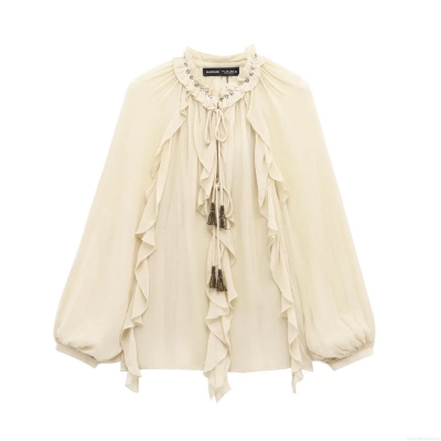 Elegant Women's Ruffled Chiffon Blouse Long Sleeve Retro Solid Color Shirt With Tassel Drawstring And Metallic Rivets Romantic Style Fashion Tops For Women