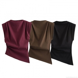 Women's Elegant High Neck Sleeveless Pleated Top Asymmetric Hem Blouse with Shoulder Pads Fashion Casual Streetwear Solid Color Polyester Top for Women