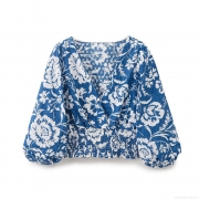 Women Casual V Neck Floral Print Blouse Cotton Blend Eyelet Embroidery Top With Smocking Waist And Bubble Long Sleeves Boho Style