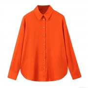Women's Fashion Satin Texture Solid Color Long Sleeve Blouse Elegant Lapel Button Down Shirt With Back Adjustable Drawstring Curved Hem Office Top