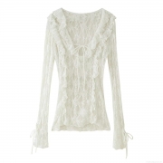Women's Elegant White Lace Blouse Long Sleeve V-Neck Layered Ruffle Tie-Up Bow Fashion Top For Dating Party Sweet Sheer Mesh Polyester Shirt