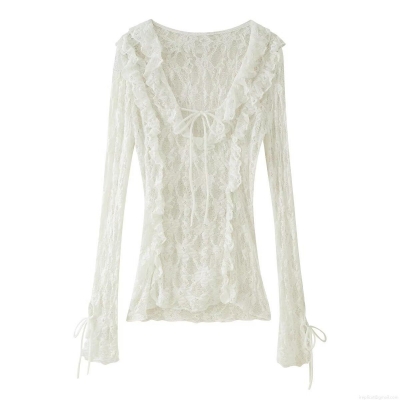 Women's Elegant White Lace Blouse Long Sleeve V-Neck Layered Ruffle Tie-Up Bow Fashion Top For Dating Party Sweet Sheer Mesh Polyester Shirt