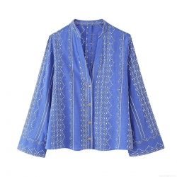 Bohemian Women's Geometric Embroidery Blouse V-Neck Long Sleeve Shirt Casual Polyester Cotton-Linen Texture Tops With Wood Buttons Ethnic Style For Women