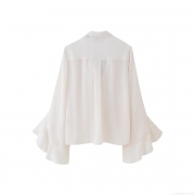 Elegant Women Chiffon Blouse Long Sleeve Ruffle Flare Cuff Bow Tie Neck Top Ivory Cream Solid Color Sweet Chic Casual Work Office Shirt For Ladies Spring Autumn Fashion