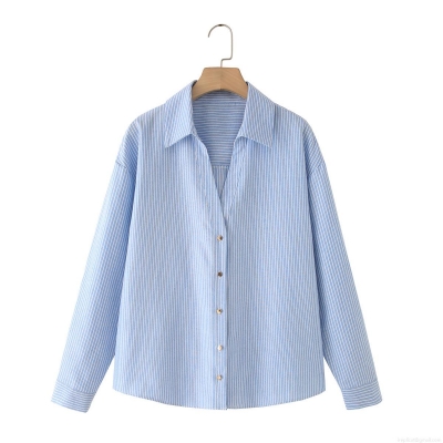 Women's Striped Long Sleeve Shirt Linen Blend Button Down Lapel Blouse Casual Breathable Tops For Spring Summer Women Daily Wear