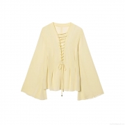 Women Chiffon Blouse Lace Up Front Deep V Neck Long Bell Sleeve Light Yellow Shirt Casual Elegant Streetwear Fashion Tops For Women
