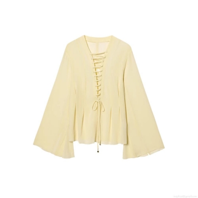 Women Chiffon Blouse Lace Up Front Deep V Neck Long Bell Sleeve Light Yellow Shirt Casual Elegant Streetwear Fashion Tops For Women