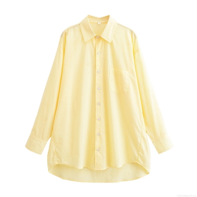 Women's Casual Long Sleeve Lapel Shirt Loose Fit Button Down Solid Color Polyester Blouse With Front Pocket Office Daily Wear Tops