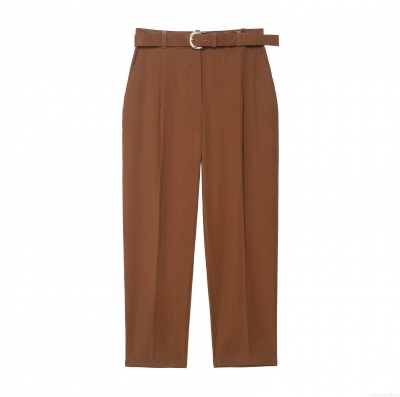 Women's High Waist Polyester Office Casual Trousers With Matching Belt Solid Color Caramel Straight Leg Suit Pants For Women Work Daily Wear