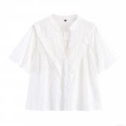 Women's Elegant White V Neck Blouse 85% Cotton Lace Trim Ruffle Lantern Short Sleeve Button Down Casual Top Shirt for Women