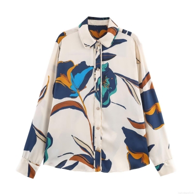 Women's Floral Print Satin Shirt Elegant Long Sleeve Button Down Blouse Vintage Cream Abstract Tops For Office Daily Party Lady Fashion
