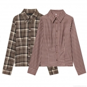 Women's Plaid Button Down Shirt Long Sleeve Lapel Blouse Retro Casual Socialite Style Autumn Winter Fashionable Slim Fitting Office Commute Polyester Tops
