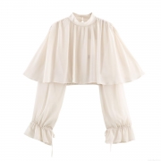 Women's Elegant Chiffon Blouse Ruffle Cape Design Half High Neck Long Lantern Sleeve Solid Color Pleated Top For Office Casual Wear