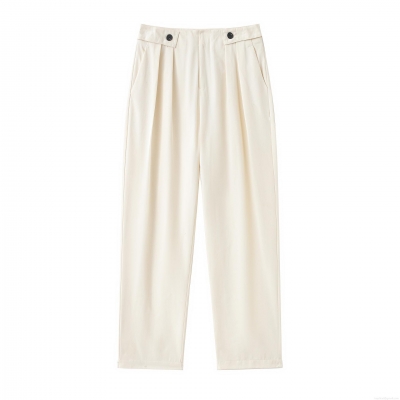 Women's High Waist Casual Wide Leg Pants Fashion Decorative Button Pleated Trousers Creamy White Straight Trousers For Office Daily Wear