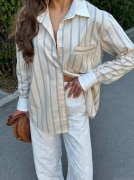 Women's Casual Striped Cotton Shirt Loose Button Down Blouse With Contrast White Collar Long Sleeve Spring Summer Western Style Top For Daily Vacation
