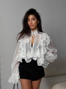 Women Elegant White Ruffle Chiffon Blouse V Neck Tie Up Flare Long Sleeve Translucent Mesh Shirt For Spring Autumn Daily Dating Party Lady Vintage French Style Top