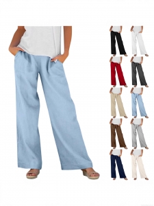Women's Cotton Linen Wide Leg Pants Casual Loose Fit Elastic Waist Trousers With Pockets Solid Color Soft Breathable Long Pants For Daily Vacation Beach