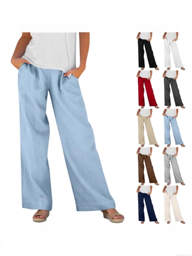Women's Cotton Linen Wide Leg Pants Casual Loose Fit Elastic Waist Trousers With Pockets Solid Color Soft Breathable Long Pants For Daily Vacation Beach