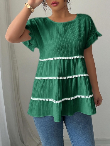 Women's Elegant Round Neck Short Sleeve Blouse Textured Polyester Elastane Tiered Ruffle Shirt With Pom Pom Lace Trim Casual Layered Top