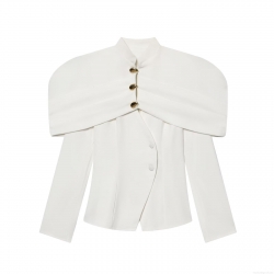 Women's Elegant Solid Color 100% Polyester Suit Jacket Off-Shoulder Design Blazer With Gold Metal Buttons Long Sleeve Slim Fit Outerwear For Office Lady Party