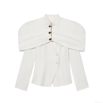 Women's Elegant Solid Color 100% Polyester Suit Jacket Off-Shoulder Design Blazer With Gold Metal Buttons Long Sleeve Slim Fit Outerwear For Office Lady Party