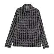 Women's Elegant Geometric Print Lapel Long Sleeve Satin Blouse Single Breasted Button Up Commuter Office Casual Loose Shirt Top