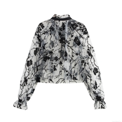 Women's Vintage Sheer Mesh Blouse Sexy Flocking Floral Lace-up Stand Collar Long Sleeve Ruffle Cuff Pullover Top Elegant Party Casual Shirt