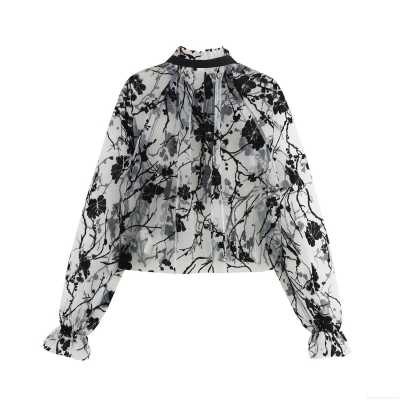 Women's Vintage Sheer Mesh Blouse Sexy Flocking Floral Lace-up Stand Collar Long Sleeve Ruffle Cuff Pullover Top Elegant Party Casual Shirt