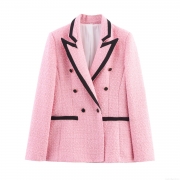 Elegant Women Pink Tweed Blazer Contrast Notch Lapel Double Breasted British Style Commute Suit Jacket For Office Ladies Fashion Outwear