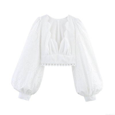 French Elegant Women's White Blouse Hollow Out Eyelet Embroidery Scalloped V Neck Lantern Sleeve Slim Waist Polyester Top Spring Summer Dating Party