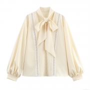 Women's Elegant Polyester Lace Patchwork Blouse Sweet Bow Tie Neck Lantern Sleeve Shirt With Pearl Button Casual Loose Long Sleeve Top For Lady