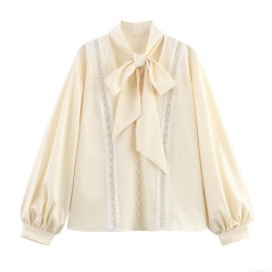 Women's Elegant Polyester Lace Patchwork Blouse Sweet Bow Tie Neck Lantern Sleeve Shirt With Pearl Button Casual Loose Long Sleeve Top For Lady