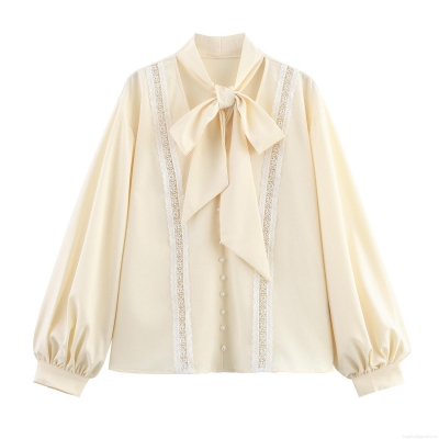 Women's Elegant Polyester Lace Patchwork Blouse Sweet Bow Tie Neck Lantern Sleeve Shirt With Pearl Button Casual Loose Long Sleeve Top For Lady