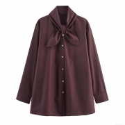 Women's Elegant Tie Neck Blouse Long Sleeve Single Breasted Shirt Loose Polyester Office Commuter Top With Gold Buttons British Style