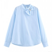 Women's Commute Long Sleeve Mock Neck Blouse Polyester Solid Color Pullover Top With Decorative Bow Metal Buckle Elegant Shirt