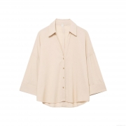 Women's Casual Minimalist Linen-Look 100% Polyester Blouse Loose Fit Polo Collar Curved Hem 3/4 Sleeve Office Top