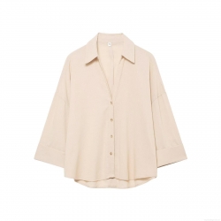 Women's Casual Minimalist Linen-Look 100% Polyester Blouse Loose Fit Polo Collar Curved Hem 3/4 Sleeve Office Top