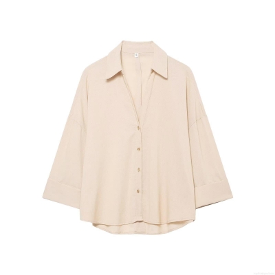 Women's Casual Minimalist Linen-Look 100% Polyester Blouse Loose Fit Polo Collar Curved Hem 3/4 Sleeve Office Top