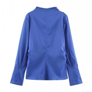 Women's Elegant Pleated Satin Blouse Polyester Long Sleeve Stand Collar Side Decorative Buttons Solid Blue Daily Streetwear Party Top Spring Autumn Apparel