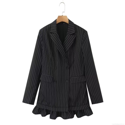 Women's Vertical Stripe Blazer Jacket Ruffle Hem Double Breasted Peaked Lapel Long Sleeve Polyester Coat For Office Lady Workwear Daily Casual Fashion