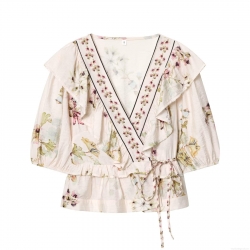 Women's Floral Print V-Neck Blouse Cotton Polyester Ruffle Peplum Hem Wrap Top With Tie Waist Short Puff Sleeve Summer Casual Shirt For Women Fashion