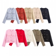 Women Elegant Tweed Jacket Round Neck Gold Metal Button Crop Blazer Long Sleeve Autumn Winter Short Outwear Fashion Lady Slim Suit Jacket
