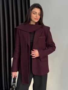 Women's European Fashion Woolen Blazer Jacket With Matching Scarf Long Sleeve Scarf Collar Single Breasted Solid Color Warm Coat Streetwear Elegant Office Tops