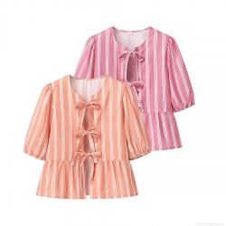 Women's Fashion Vertical Striped Blouse Bow Tie Front Round Neck Half Sleeve Peplum Hem Summer Tops Streetwear Casual Shirt